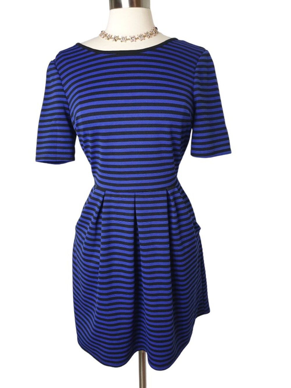 Speechless Womens XL Dress Blue Black Striped SS Zipper Pockets Stretch Office